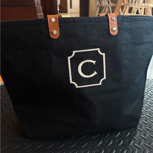 Black Canvas Tote Bag with Brown Handles